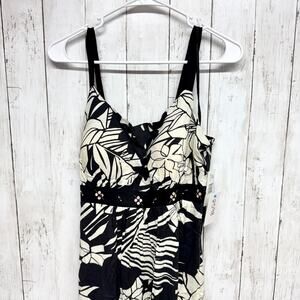 New Direction Dress Women Size 12P Black White Floral V-Neck Sleeveless Midi Y2K